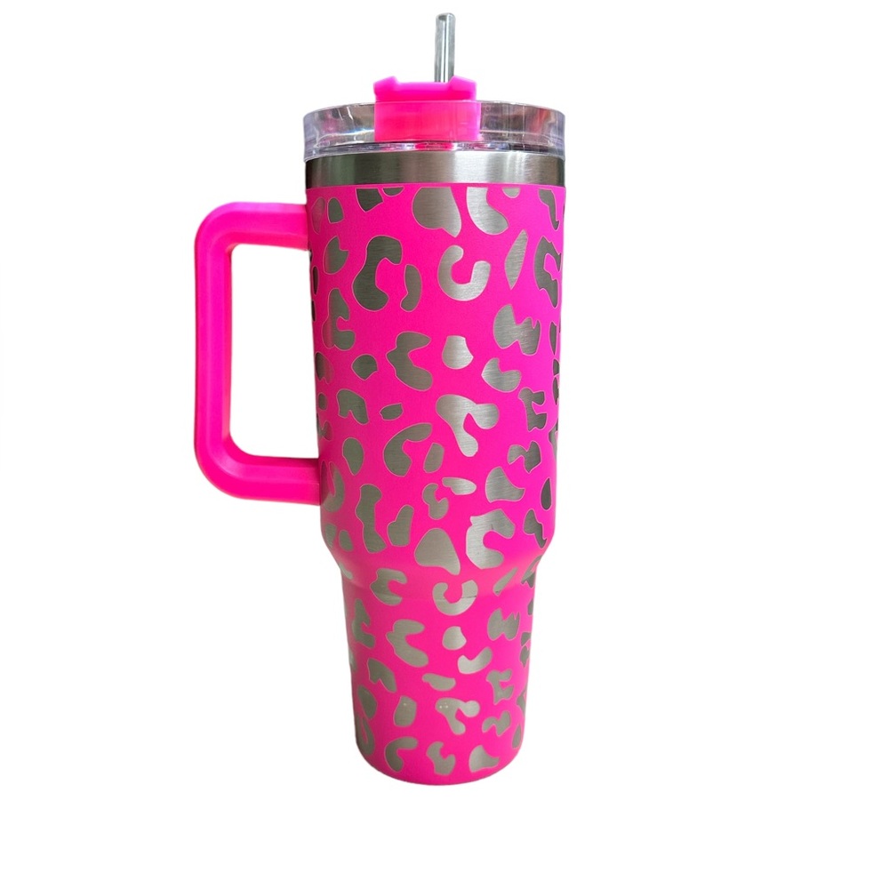 Pink Leopard Print Tumbler with Straw